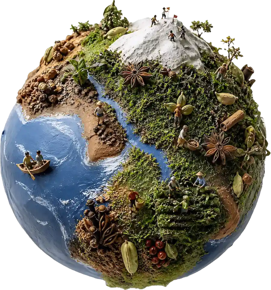 Globe made of Indian spices and herbs representing PAX Herbal worldwide senna and herbal export from Jodhpur India